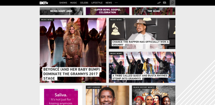 An older version of BET.com with a homepage led by written music news articles