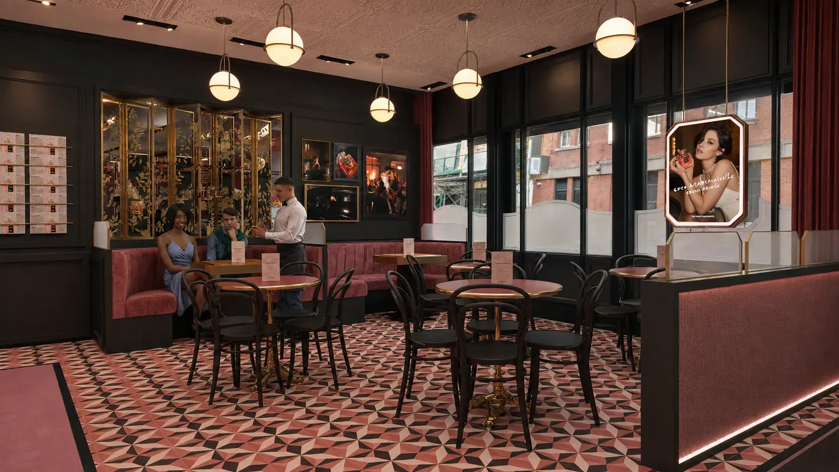 Pink and black cafe interior with banquettes, patterned tile floors and Coco Mademoiselle Crush Absolu artwork