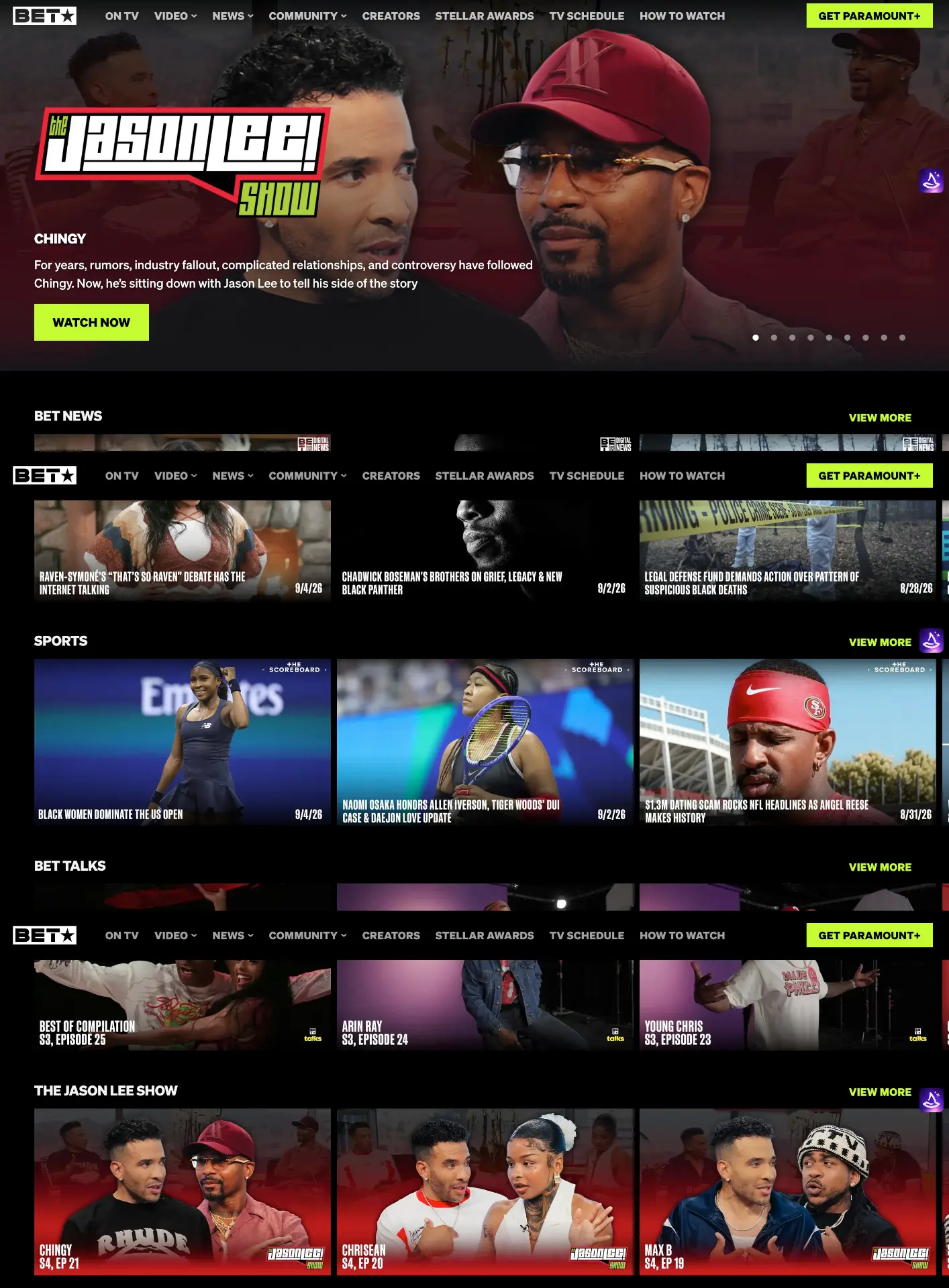BET.com homepage on September 4, 2026, showing only video tiles and no news articles