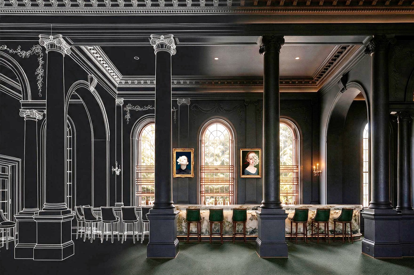 The design concept: the Hal's bar drawn into the historic room.