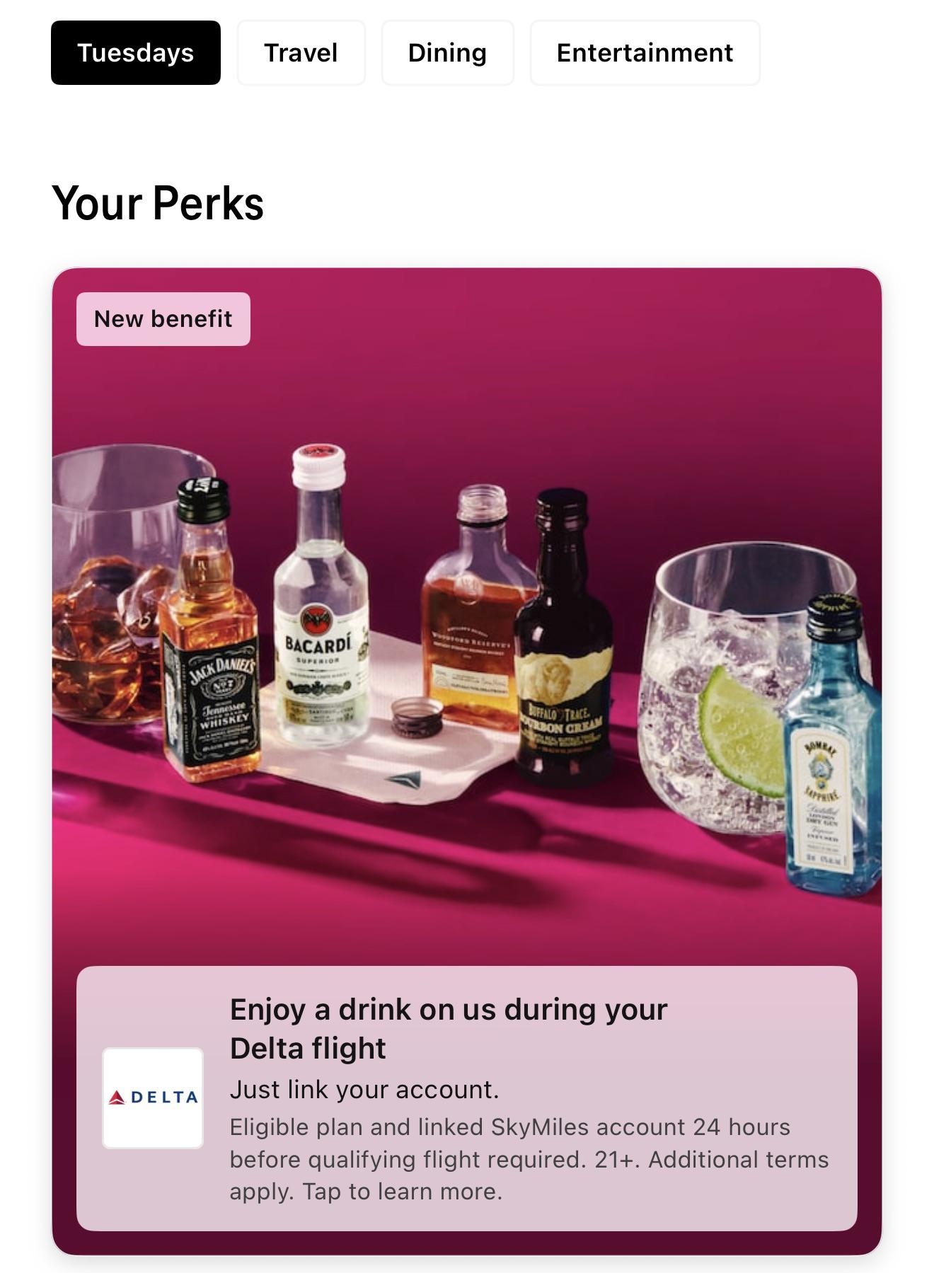 The Delta drink benefit shown inside the T-Mobile Tuesdays perks feed