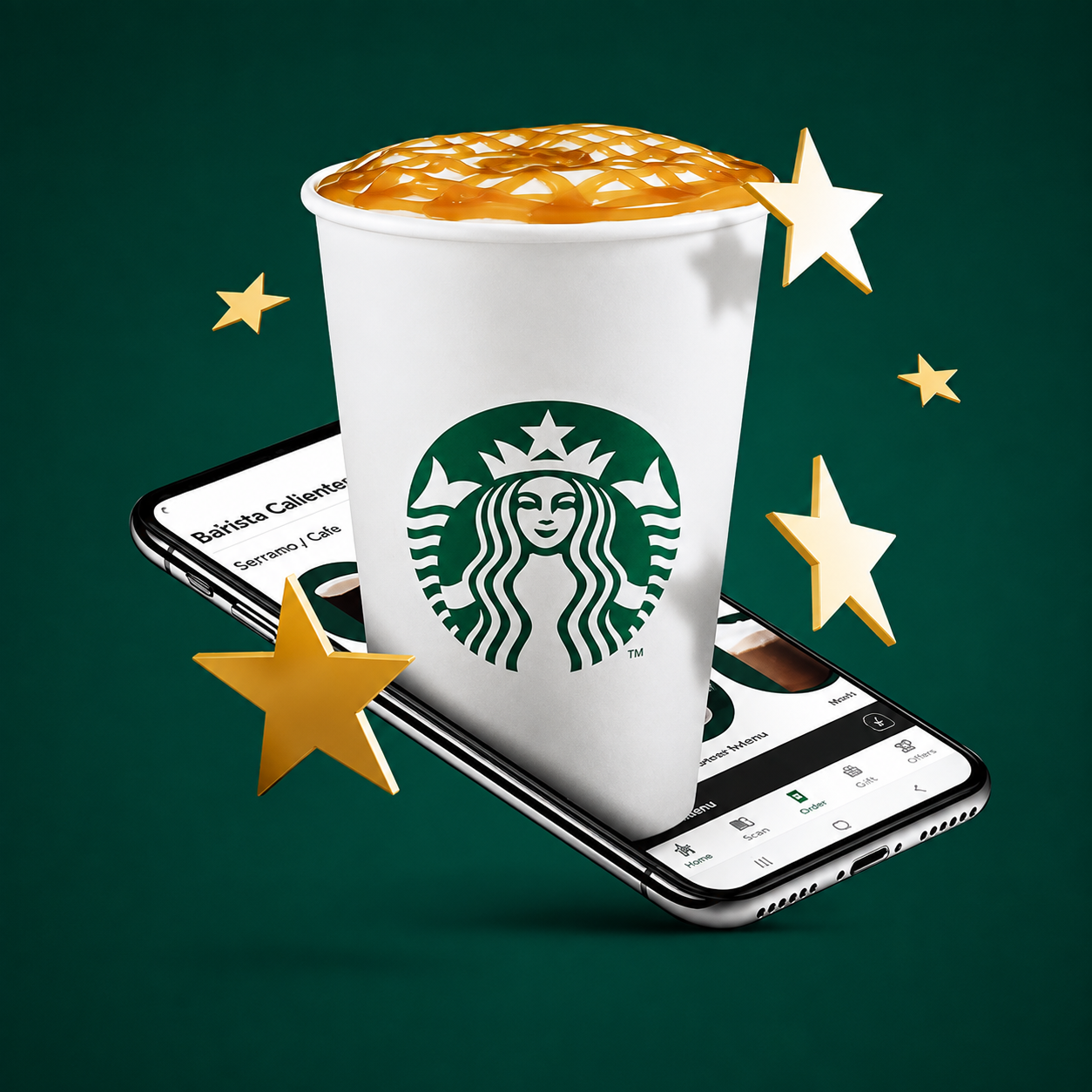 Starbucks cup and mobile app surrounded by gold Stars