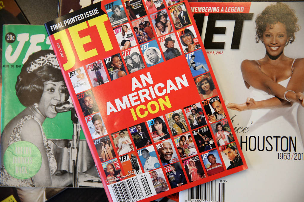 Final printed issue of Jet magazine, An American Icon, alongside earlier issues
