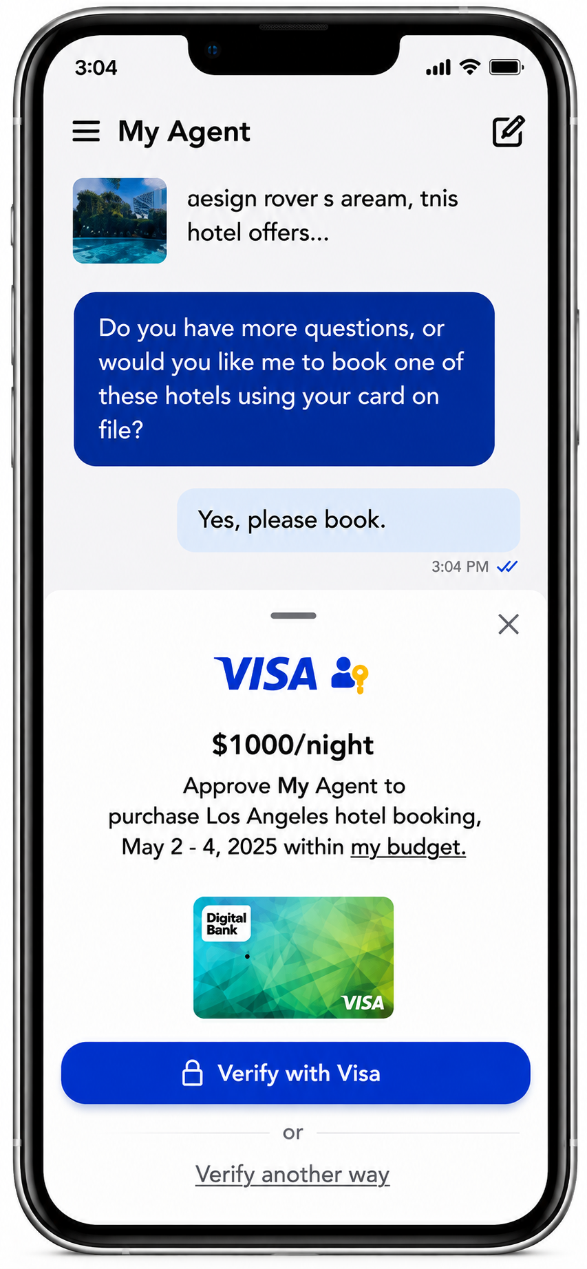 A phone showing an AI agent asking to book a $1,000-a-night Los Angeles hotel, with a Verify with Visa approval prompt