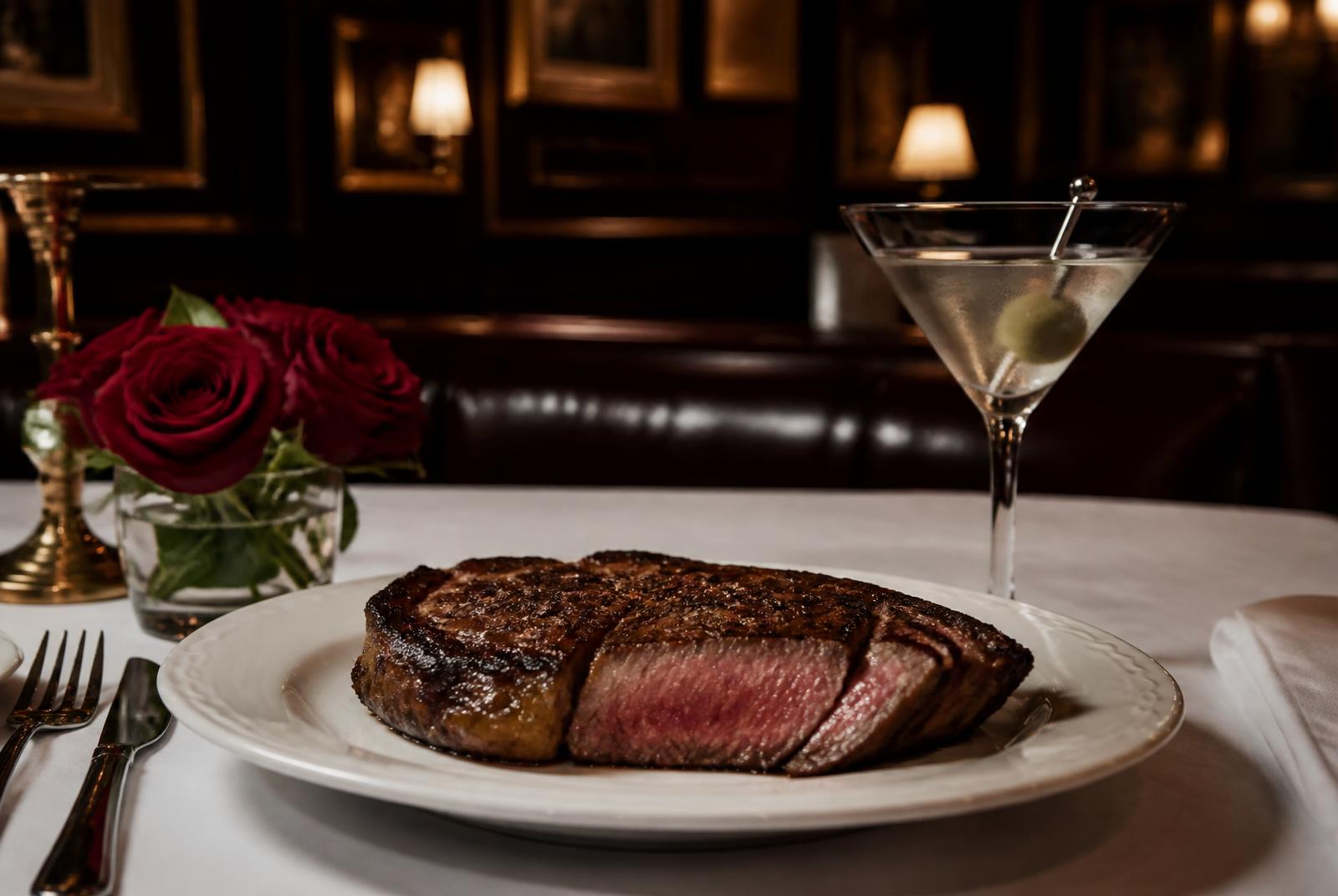 A steak, a martini and red flowers on the table at Hal''s