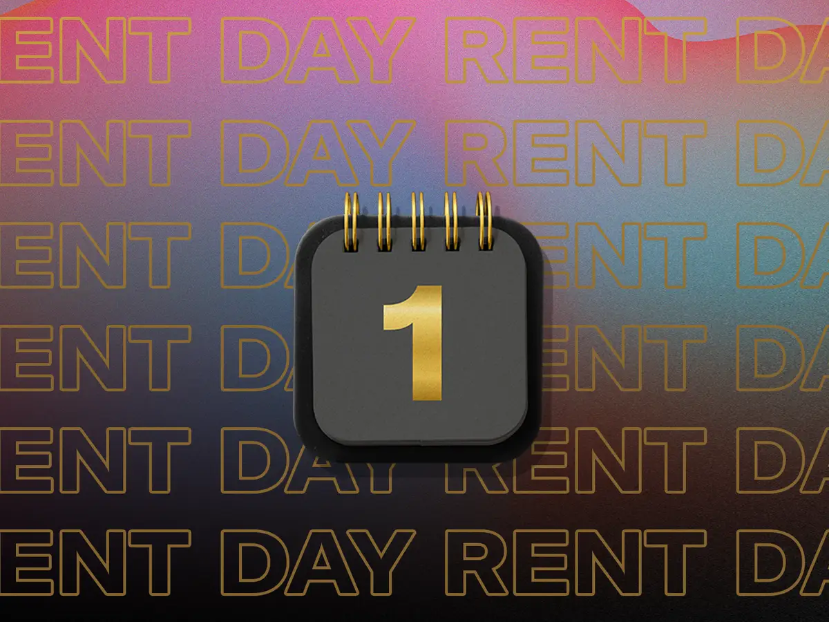 Rent Day calendar graphic set against a repeating gold RENT DAY pattern